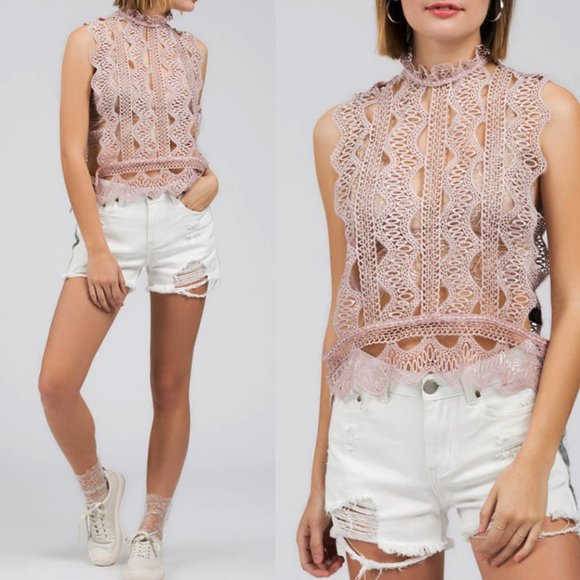 Scalloped Sleeveless Eyelet Overlay Mock Top - Picture 2 of 9